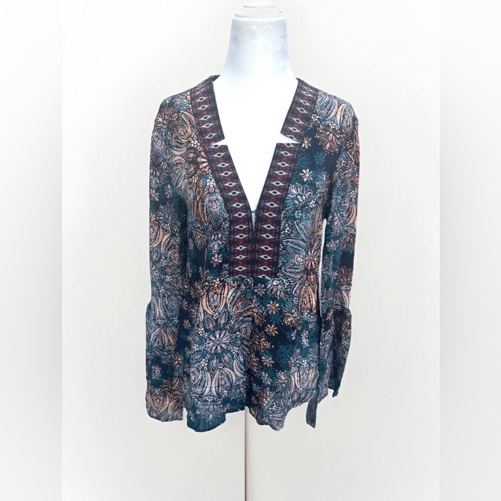 Nanette Lepore 100% Silk Top Women S Printed Blue Multi Bell Sleeve Peasant Boho